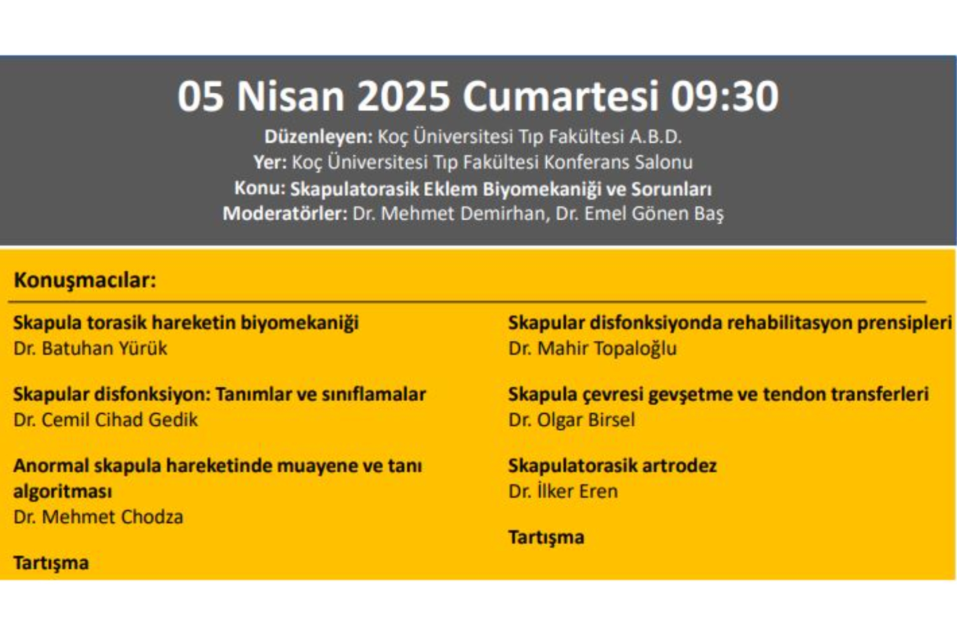 ''Skapulatorasik Eklem Biyomekaniği Ve Sorunları'' Koç Üniversitesi Tıp Fakültesi Hastanesi Ortopedi Ve Travmatoloji Anabilim Dalı